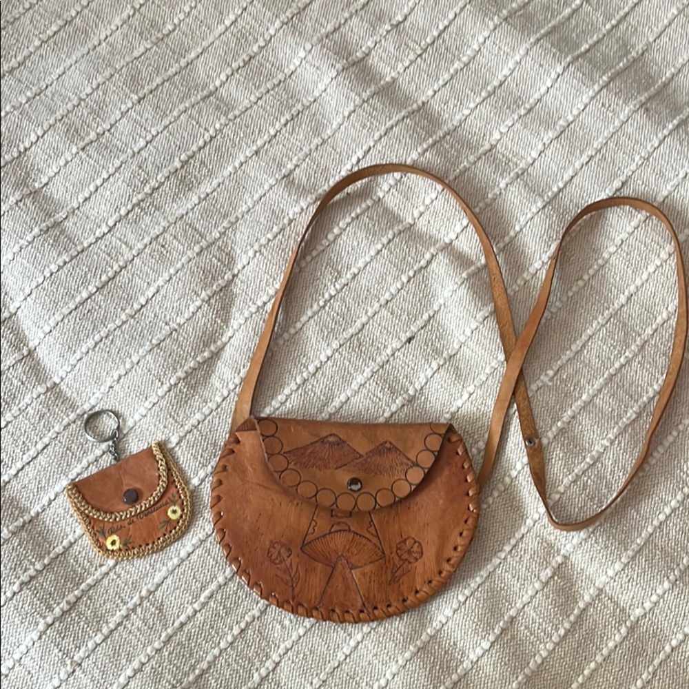 Brown Leather Crossbody Bag and Keychain Set with mushroom details Vintage